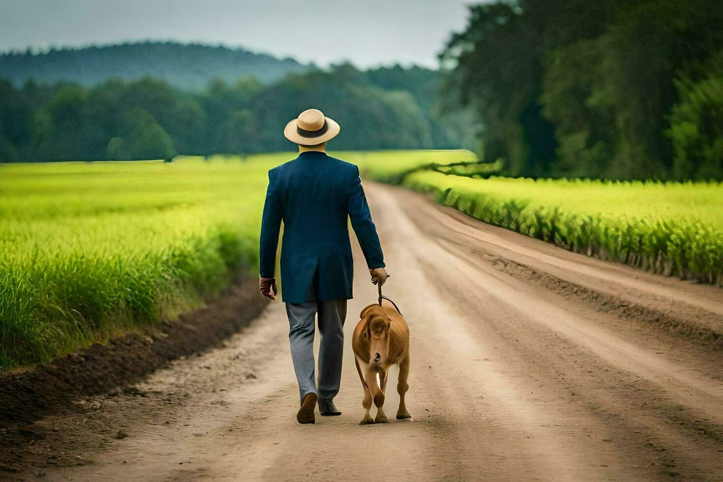 a man in a suit and hat walking his dog down a dirt road. AI-Generated photo