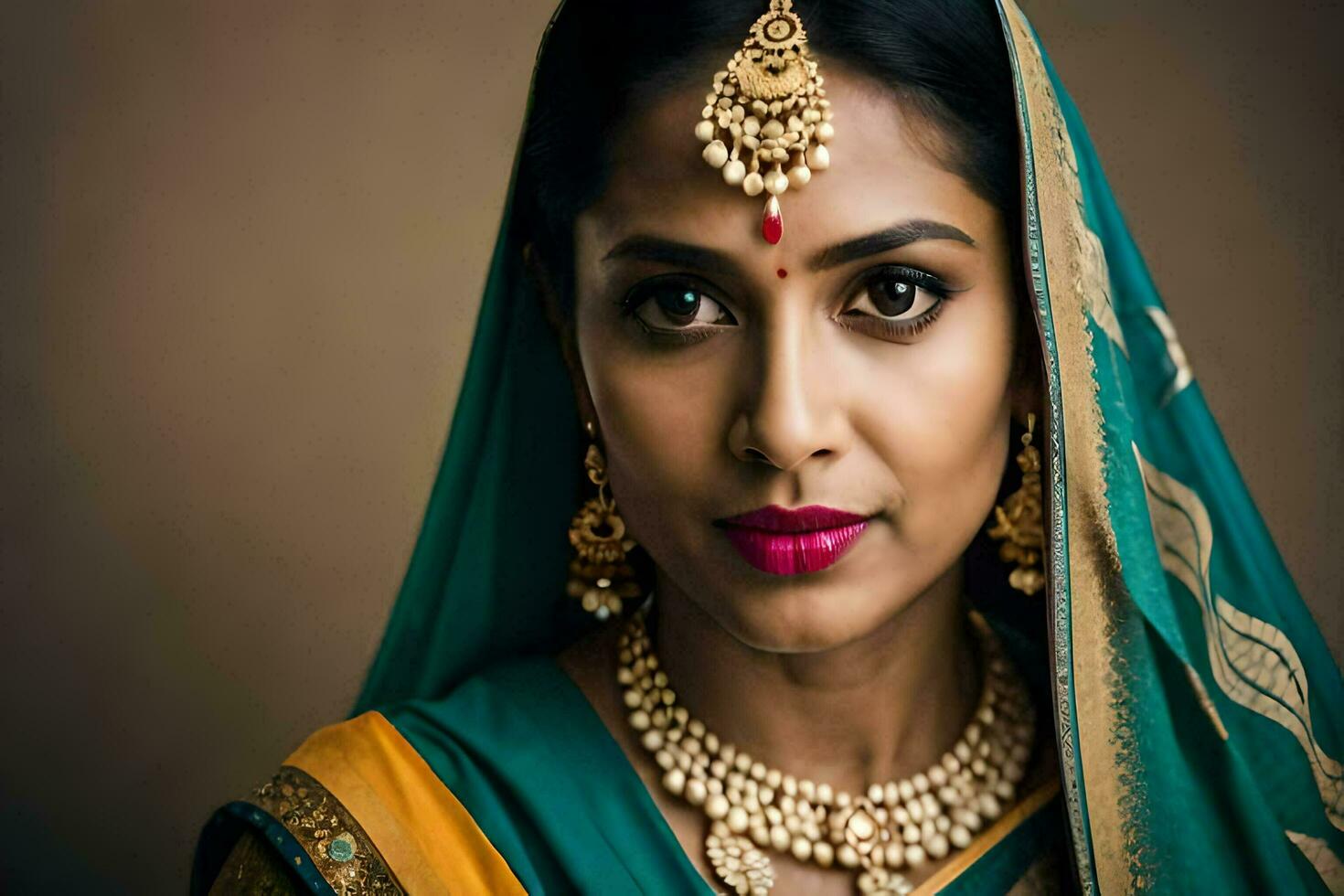 retrato de un hermosa indio mujer vistiendo tradicional joyería. generado por ai foto