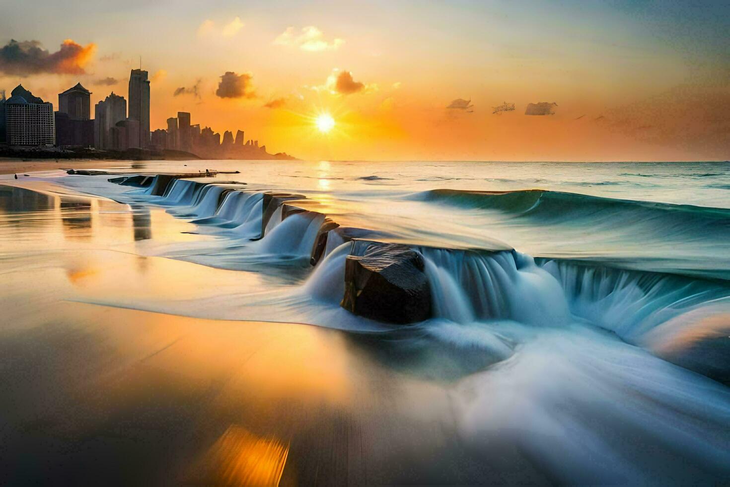 the sun sets over the city skyline and waves crashing into the beach. AI-Generated photo