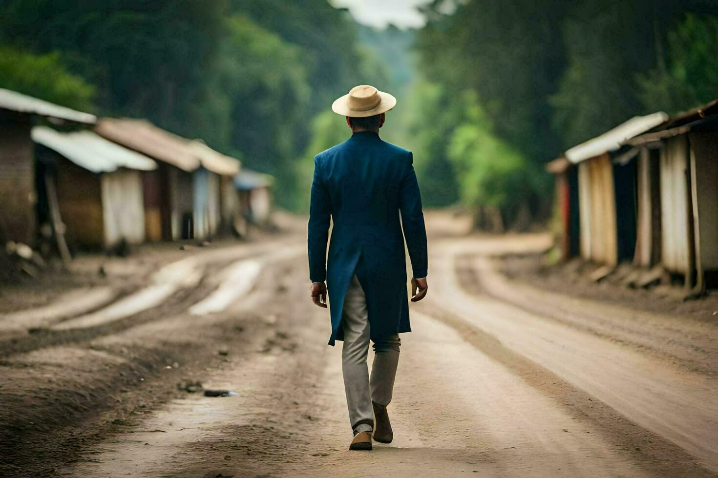 a man in a hat and suit walks down a dirt road. AI-Generated photo