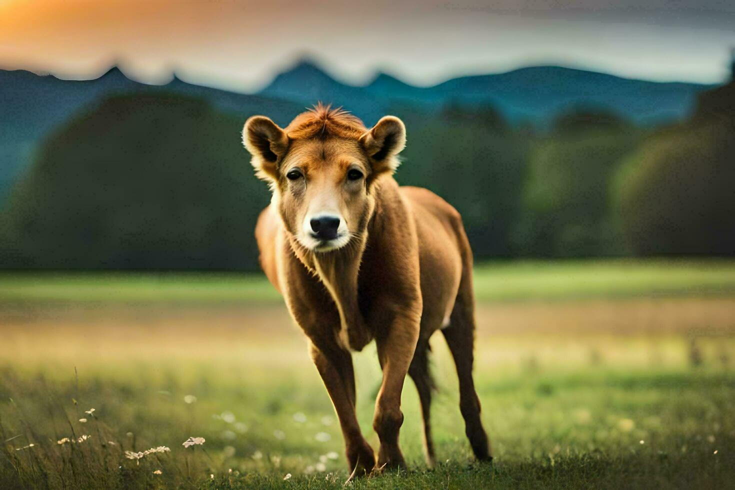 a brown horse is standing in the middle of a field. AI-Generated photo