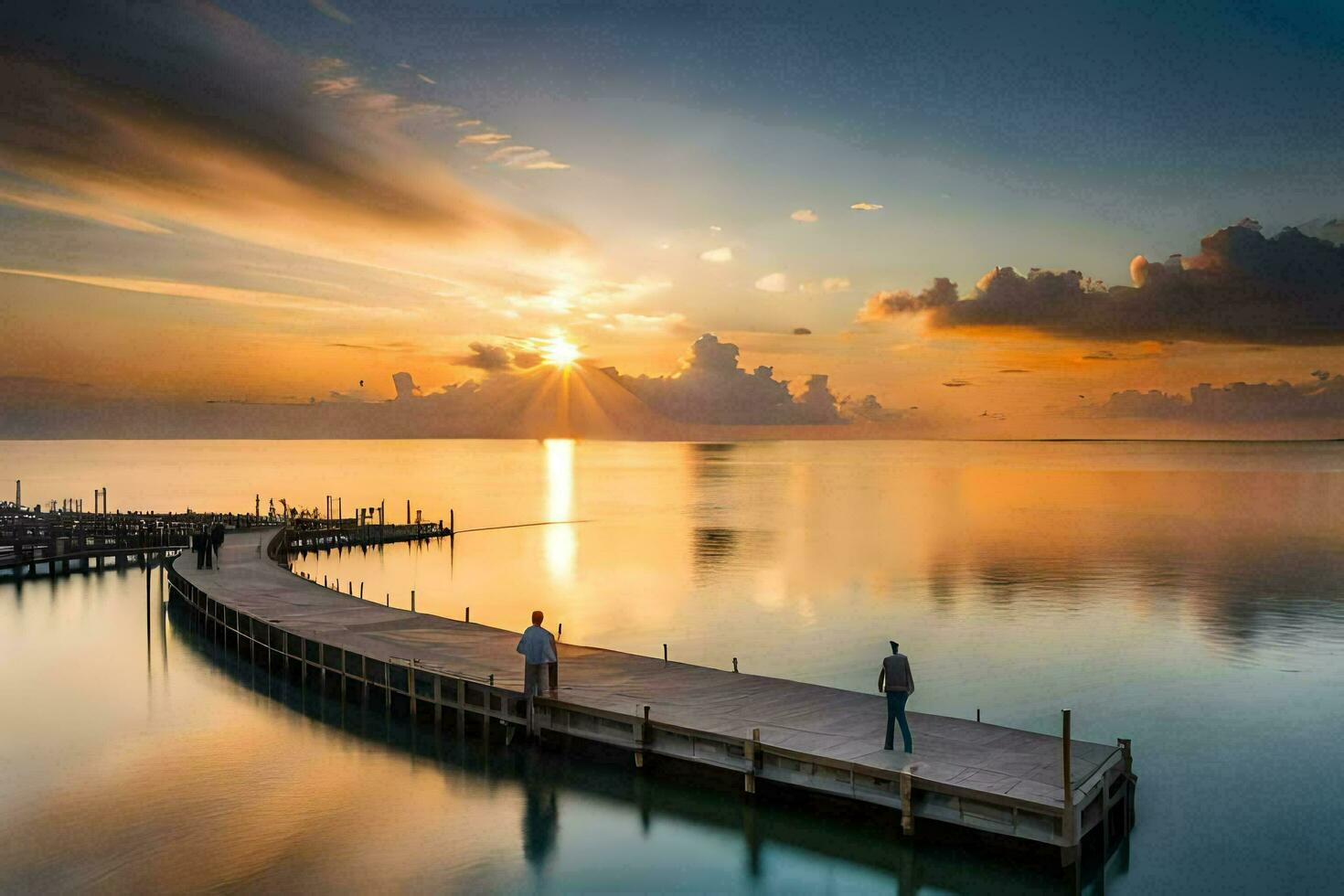 two people stand on a dock at sunset. AI-Generated photo
