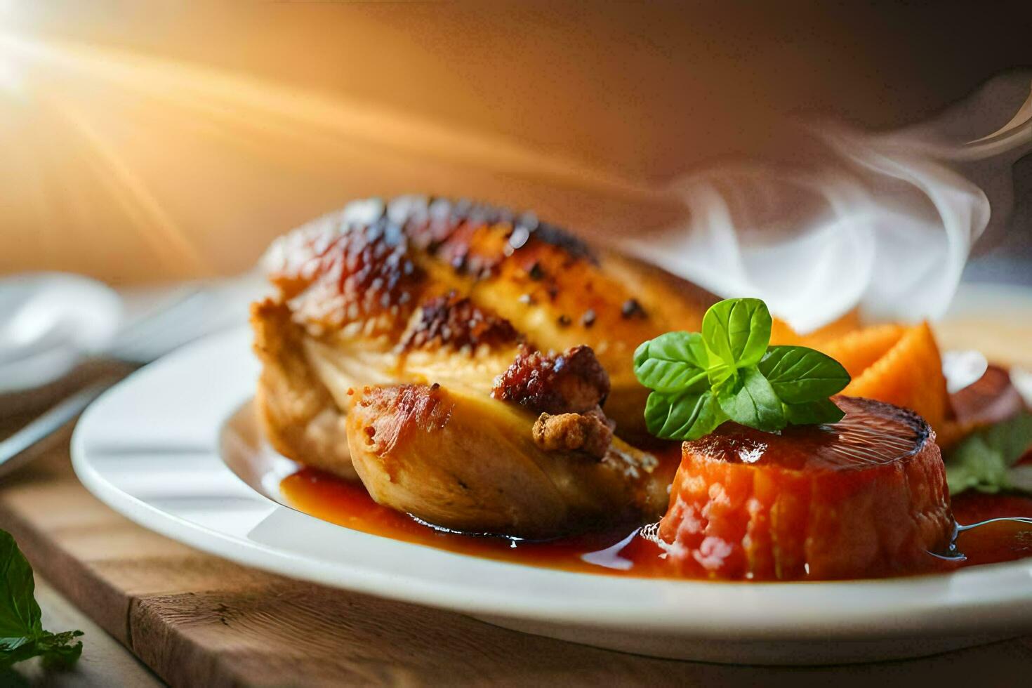 un plato con un pollo y vegetales en él. generado por ai foto