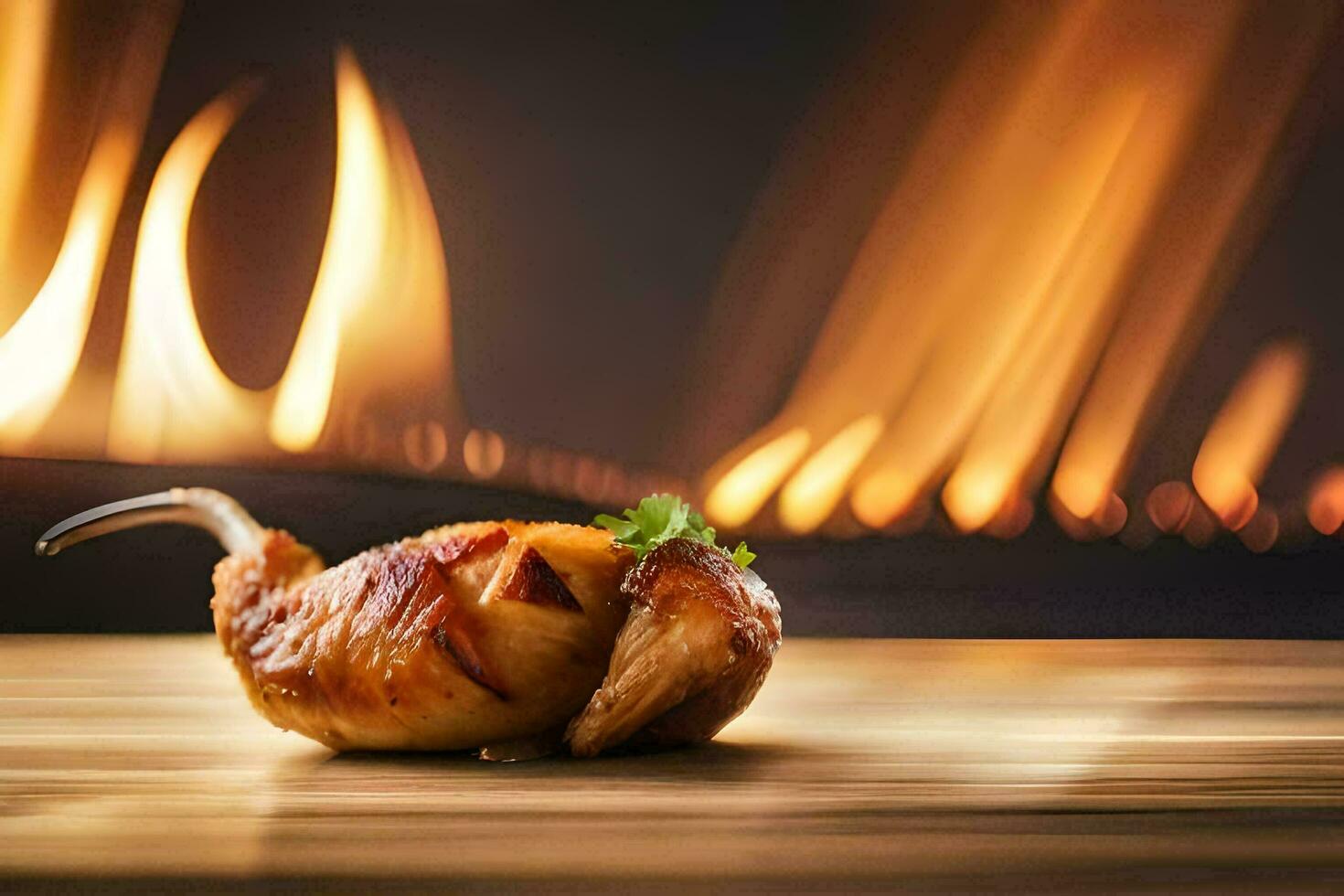 a roasted chicken sitting on a table in front of a fire. AI-Generated photo