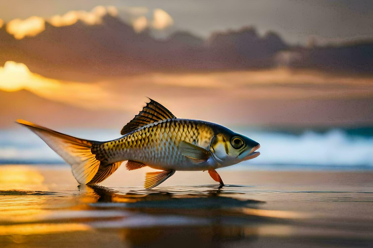 a fish is standing on the beach at sunset. AI-Generated photo