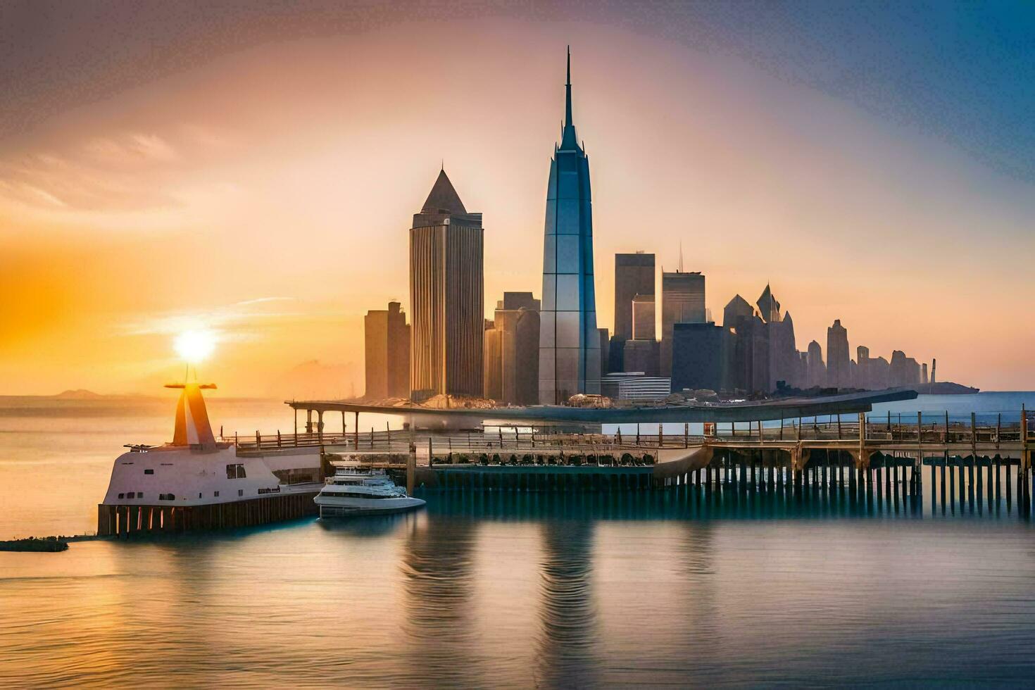 the sun rises over the city skyline in dubai. AI-Generated photo