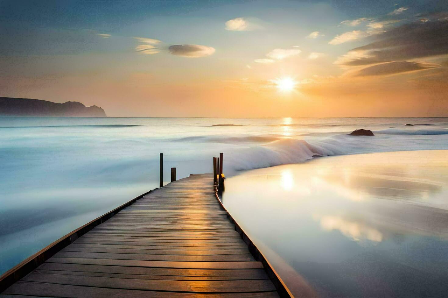 a wooden boardwalk leads to the ocean at sunset. AI-Generated photo