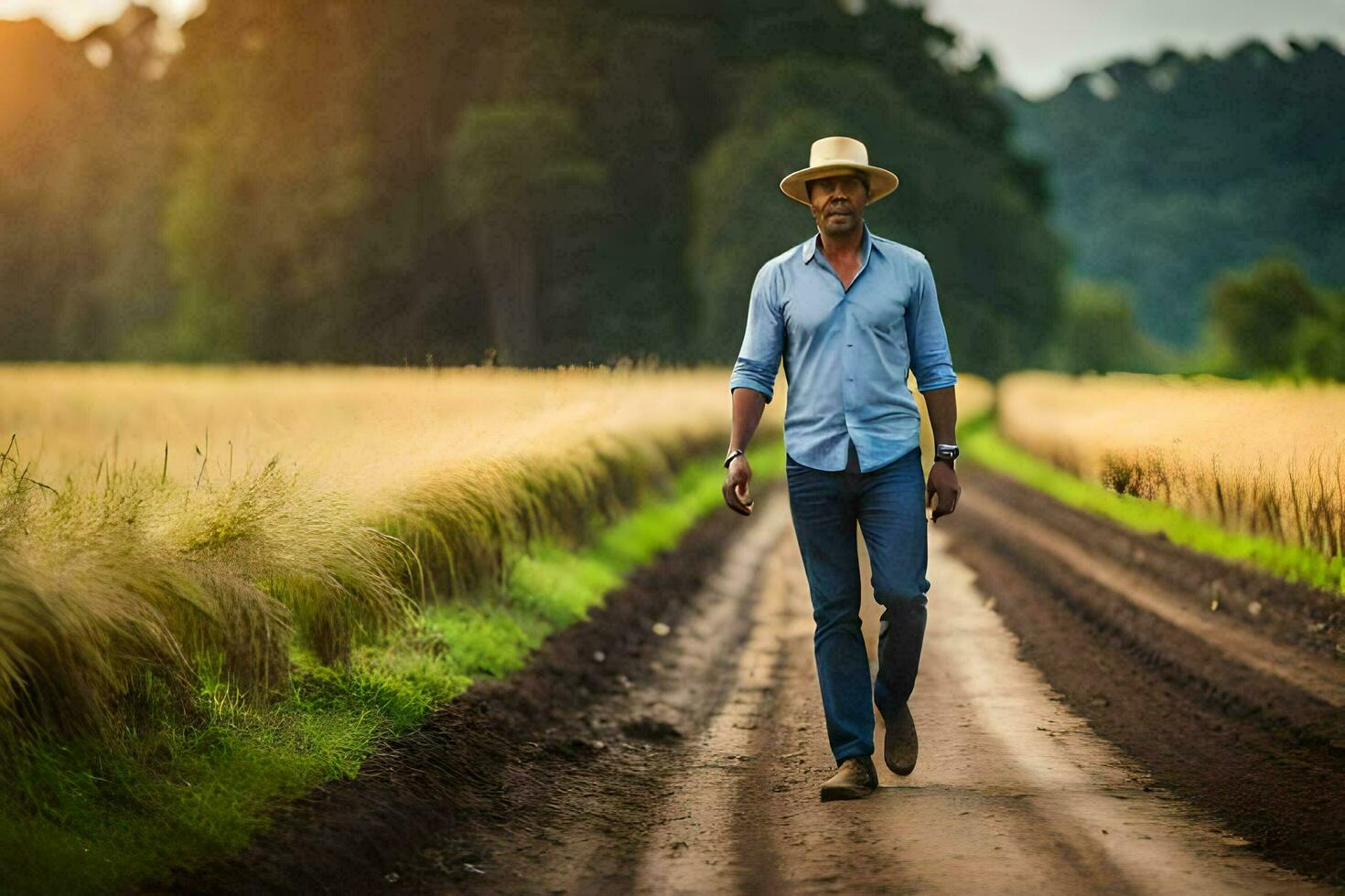 a man in a hat walks down a dirt road. AI-Generated photo