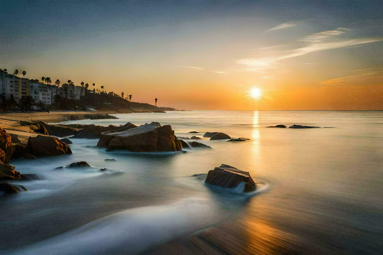 the sun sets over the ocean in this long exposure photograph. AI-Generated photo