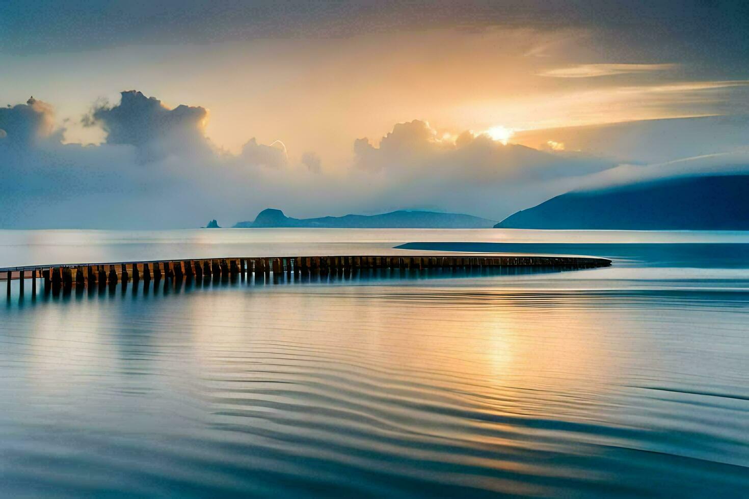 a pier in the ocean with the sun setting. AI-Generated photo