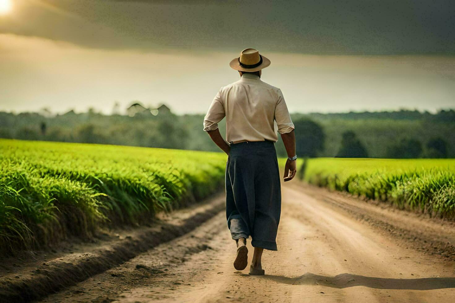 un hombre en un sombrero camina abajo un suciedad la carretera en un campo. generado por ai foto