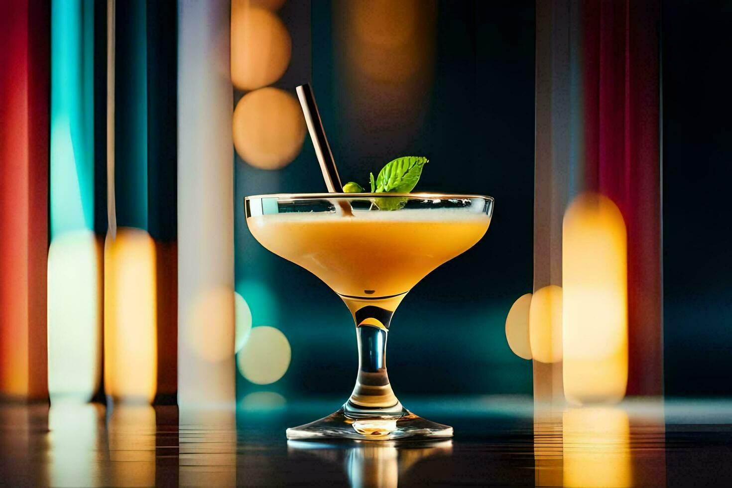 cocktail in a glass on a table with blurred lights. AI-Generated photo