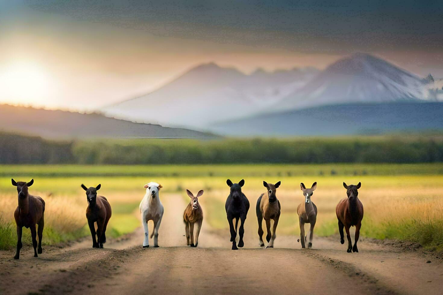 a group of horses walking down a dirt road. AI-Generated photo