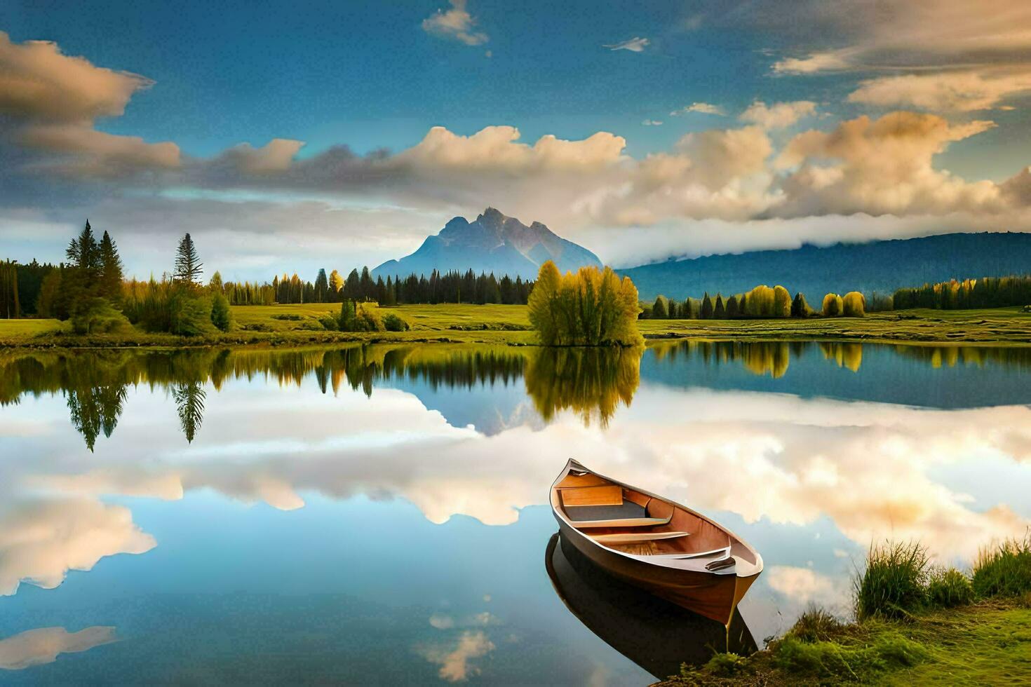 the boat is floating on the calm lake. AI-Generated photo