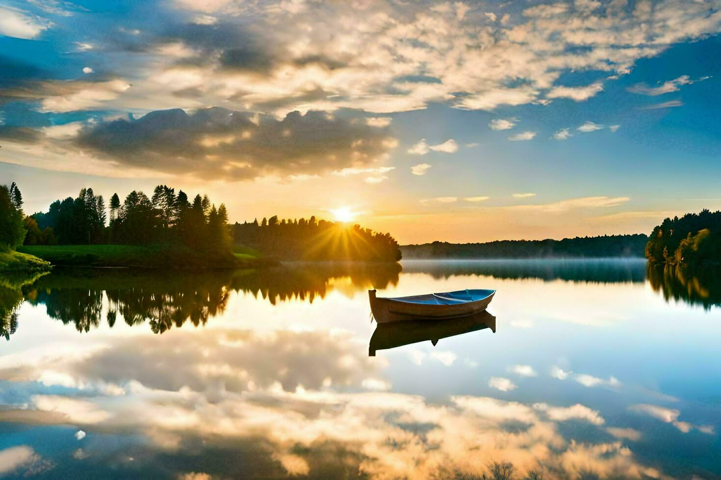 a boat is floating on a calm lake at sunset. AI-Generated photo