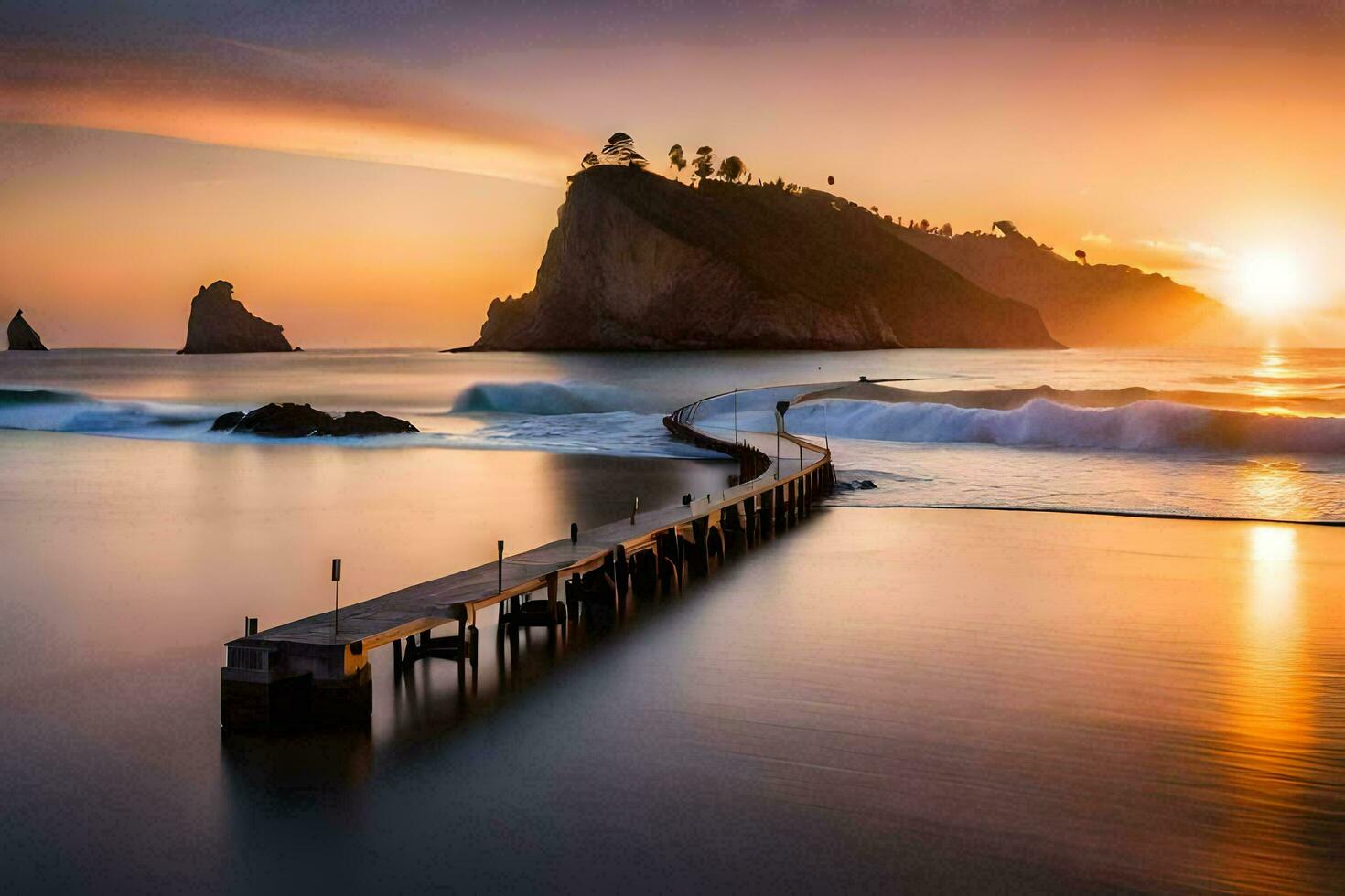 a pier at sunset with waves crashing into it. AI-Generated photo