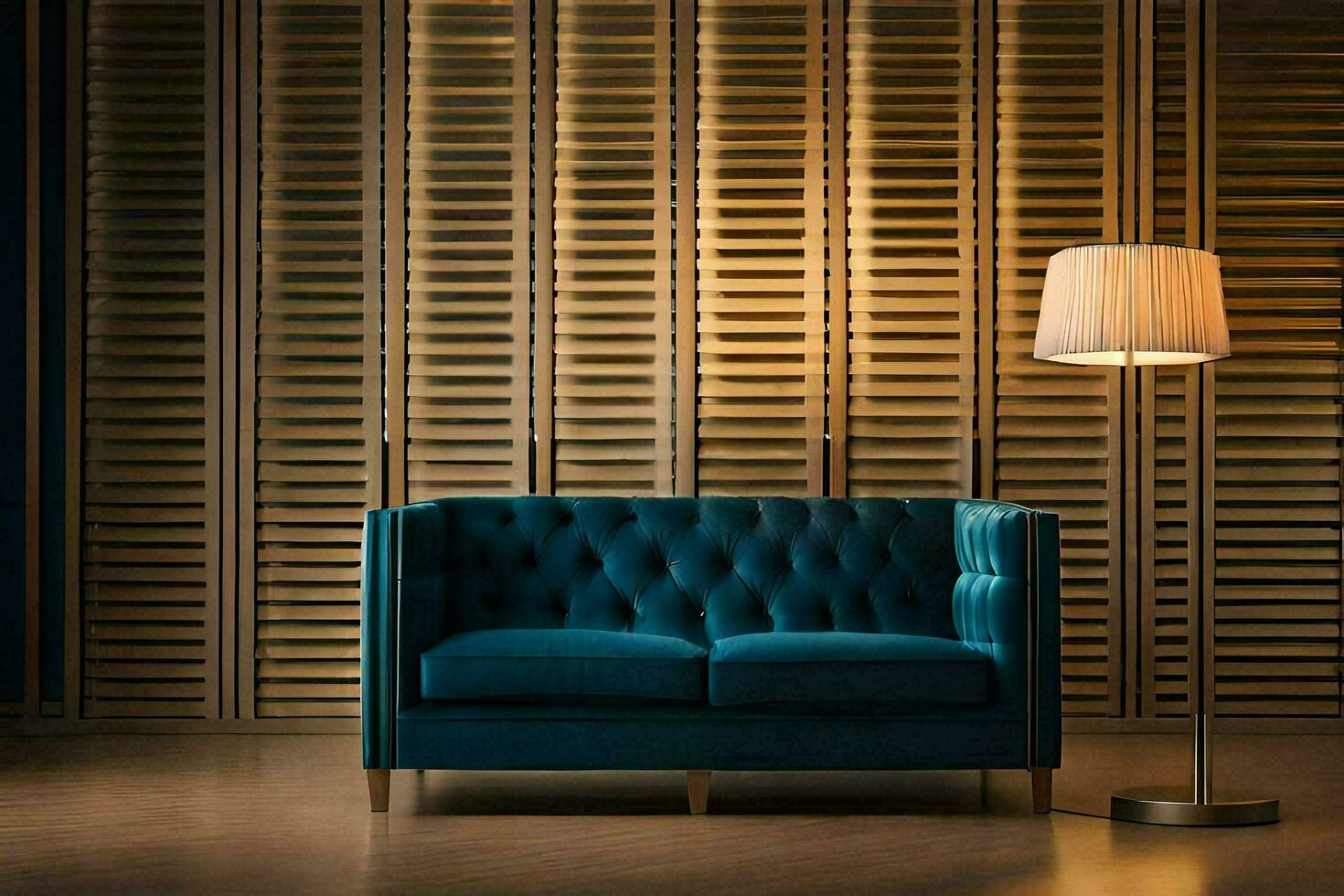 a blue couch in front of a wooden wall. AI-Generated photo