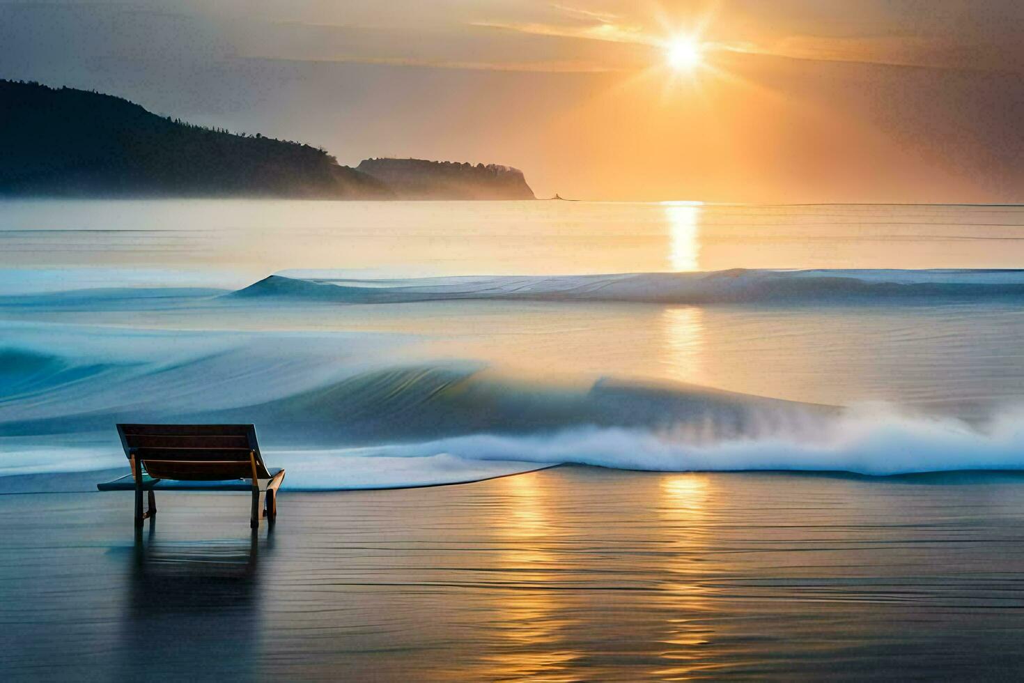 a bench sits on the beach at sunset. AI-Generated photo