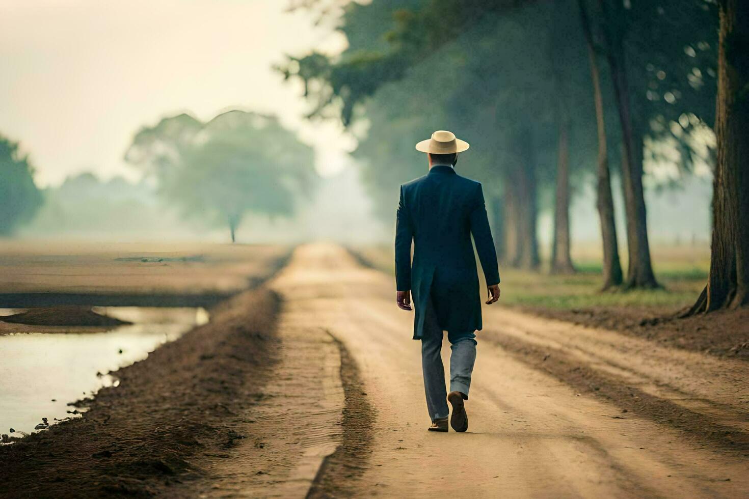 a man in a suit and hat walks down a dirt road. AI-Generated photo