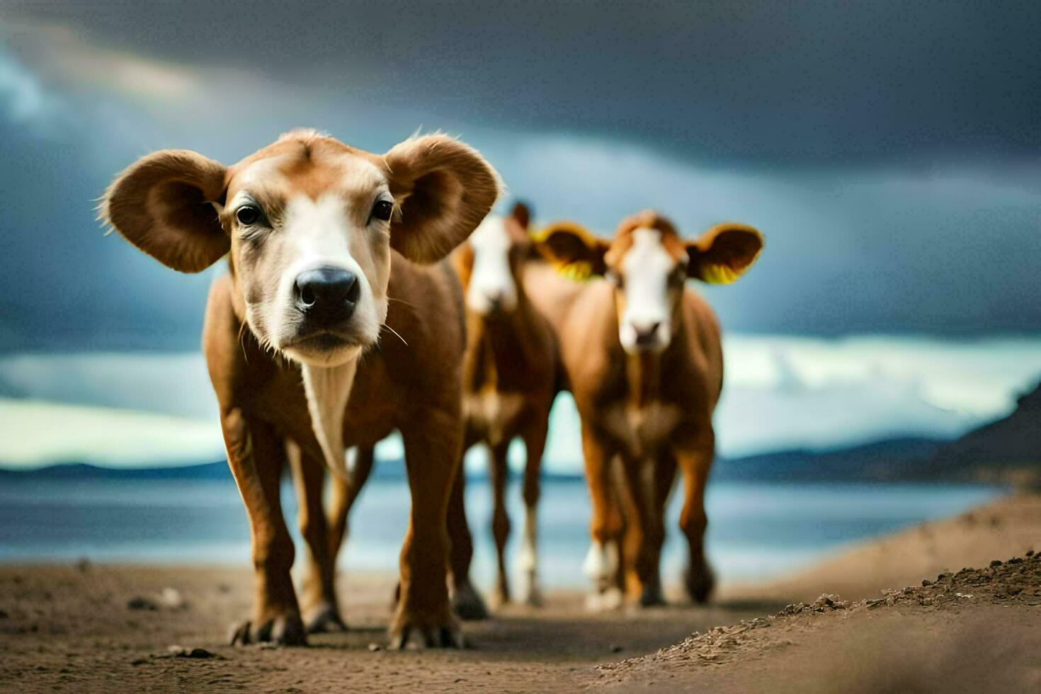 three cows standing on the beach with dark clouds in the background. AI-Generated photo