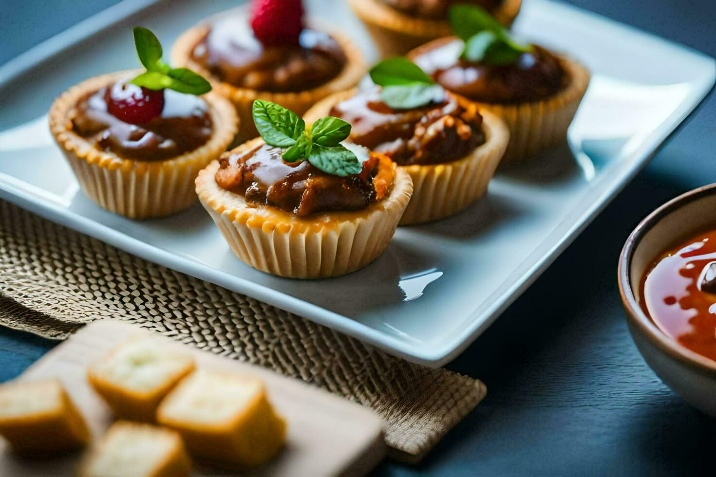 mini cupcakes with chocolate and mint on a plate. AI-Generated photo