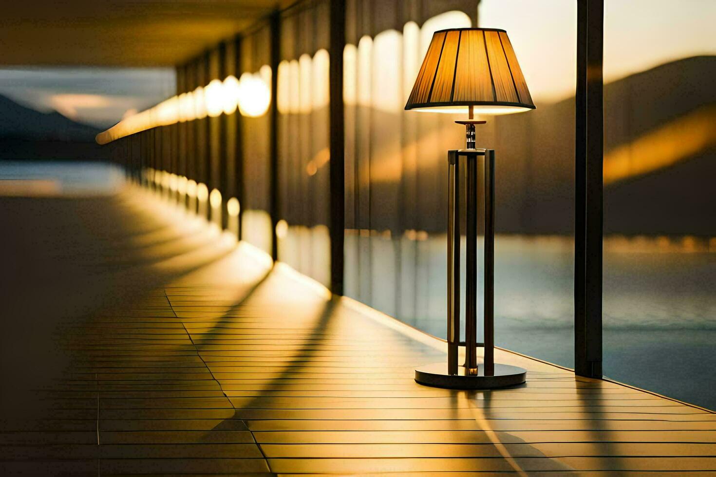 a lamp on a wooden floor near a window. AI-Generated photo