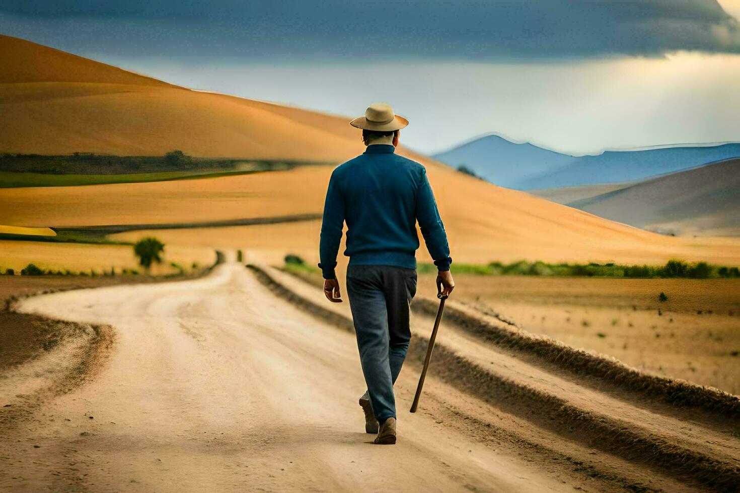 un hombre caminando abajo un suciedad la carretera con un caña. generado por ai foto