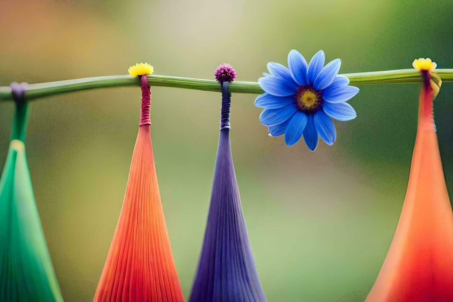 vistoso cometas colgando en un cuerda con un azul flor. generado por ai foto