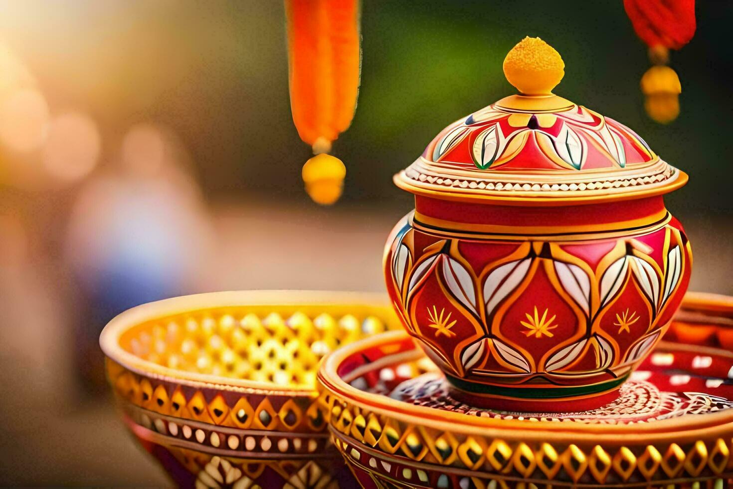 a colorful pot with a decorative lid. AI-Generated photo