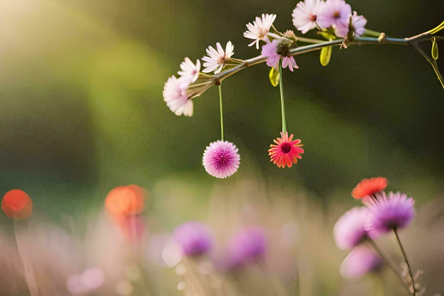 flowers hanging from a branch in a field. AI-Generated photo