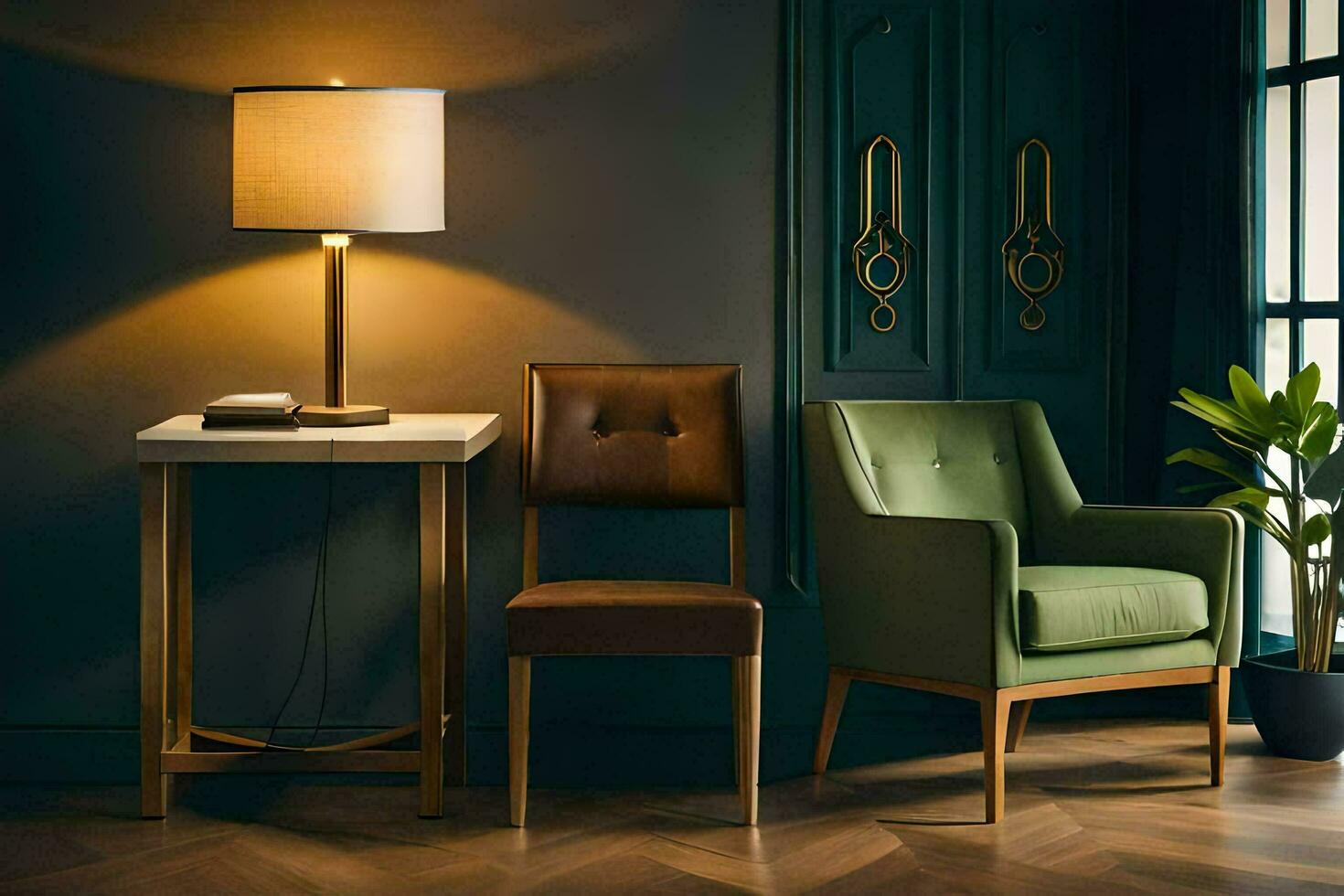 a green chair and a lamp in a room. AI-Generated photo