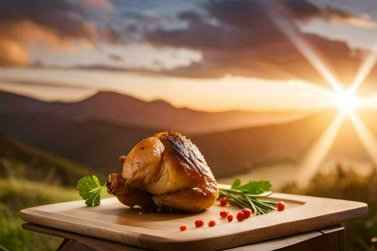 a chicken on a wooden plate with a sunset in the background. AI-Generated photo
