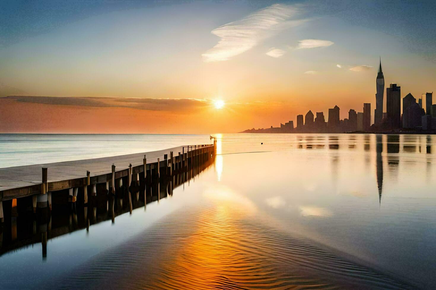the sun rises over the city skyline in this photo. AI-Generated photo