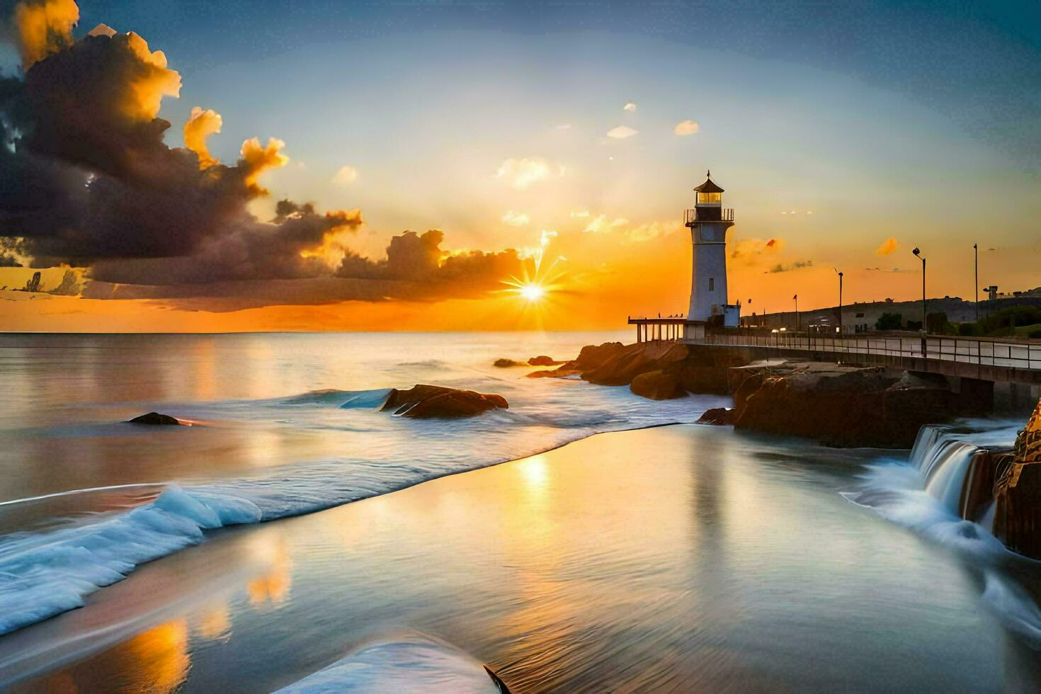 the sun sets over a lighthouse on the beach. AI-Generated photo
