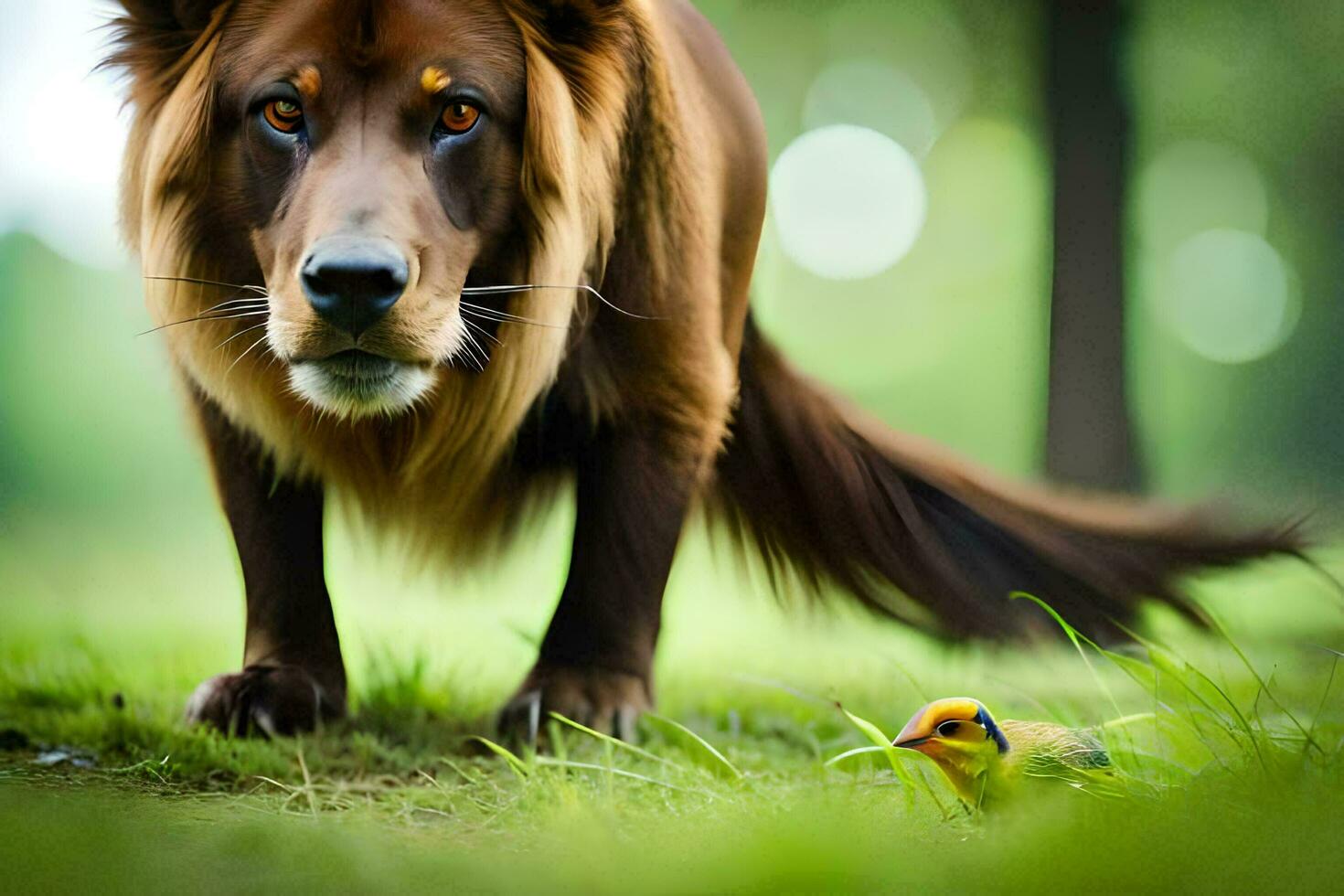 a dog is standing in the grass with a bird. AI-Generated photo