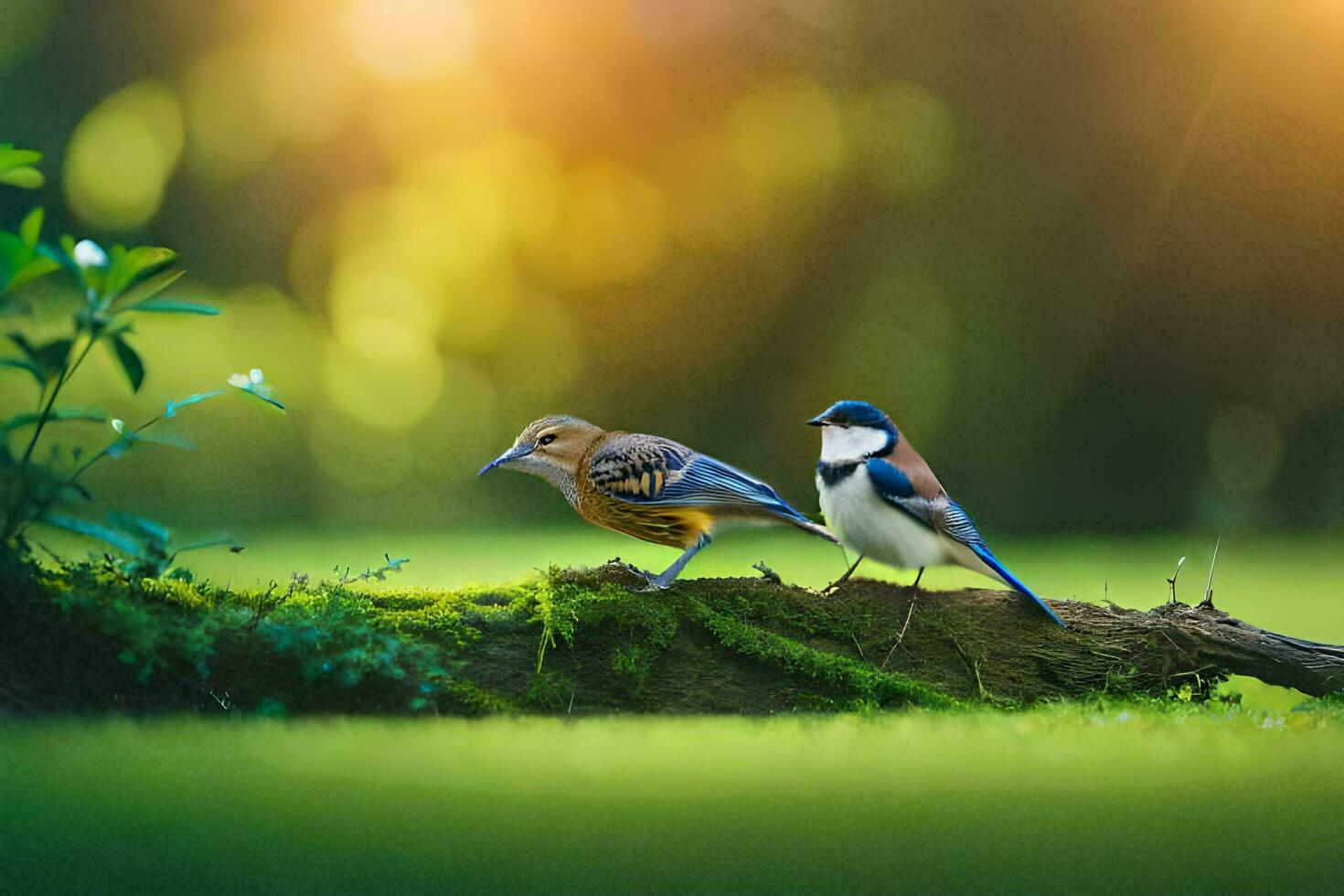 two birds sitting on a branch in the grass. AI-Generated photo