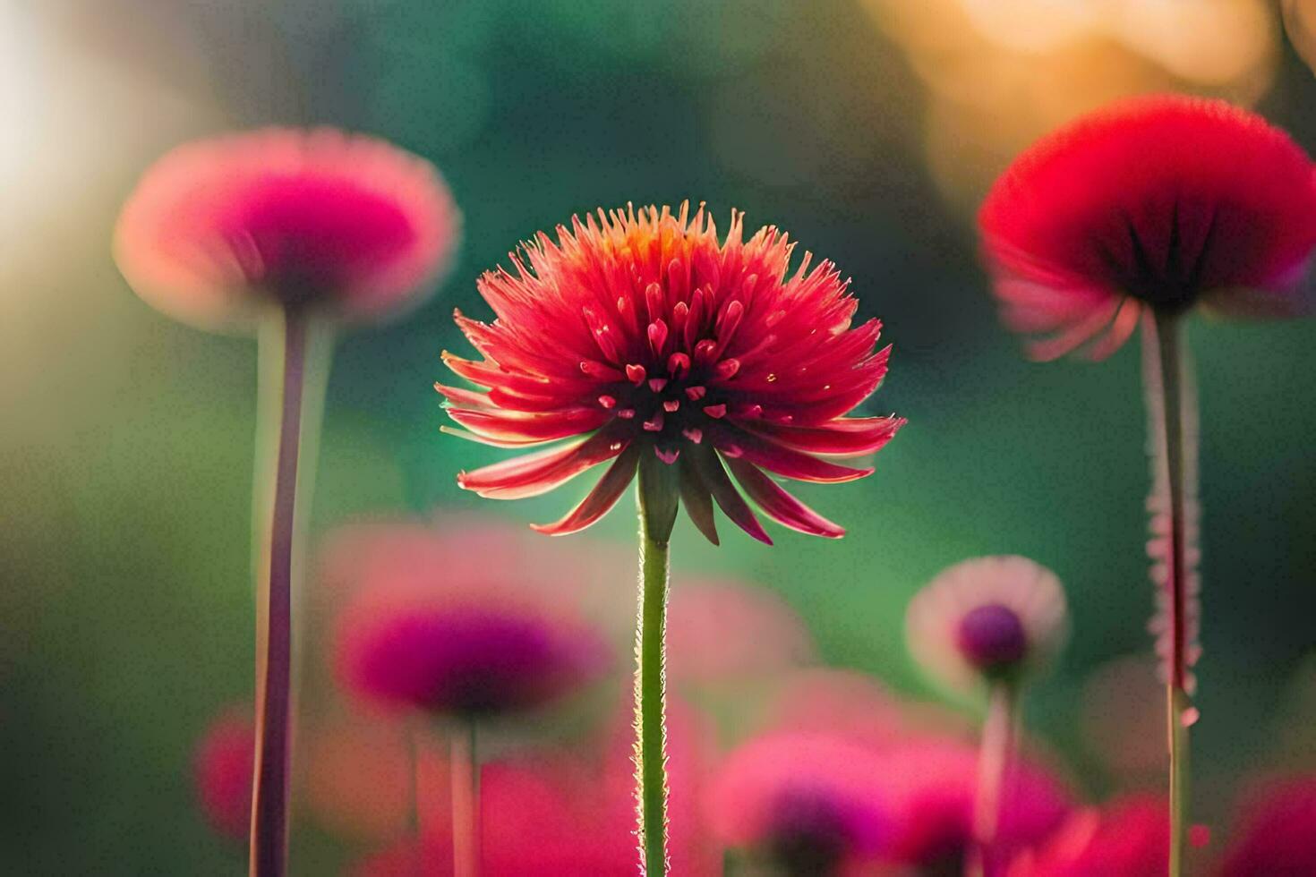 red flowers in the sun with blurry background. AI-Generated photo