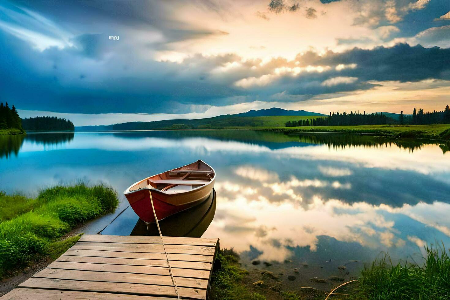 a boat sits on the dock at sunset. AI-Generated photo