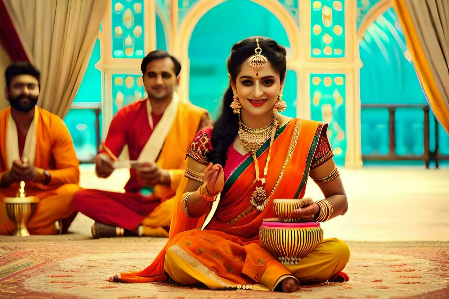 a woman in an orange sari sitting on the floor with other people. AI-Generated photo