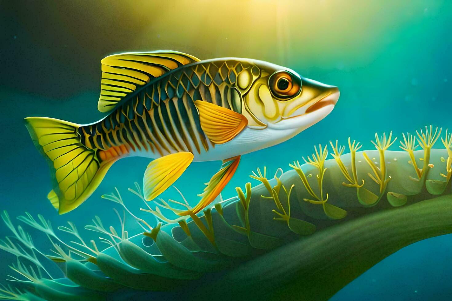 fish in the ocean with a green plant. AI-Generated photo