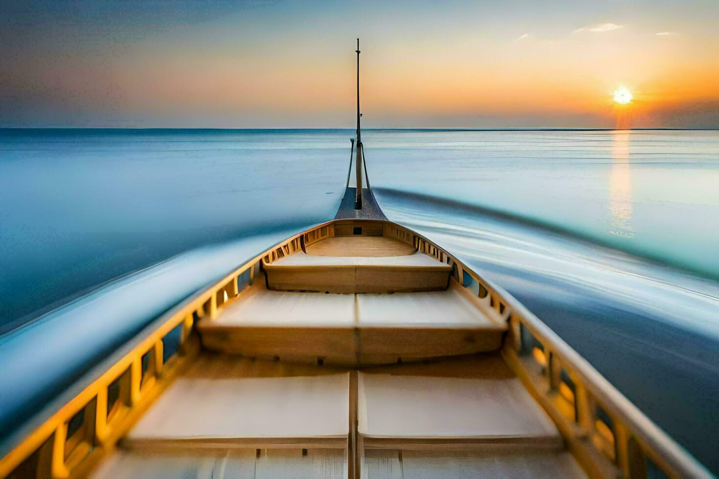 un barco es de viaje mediante el Oceano a puesta de sol. generado por ai foto