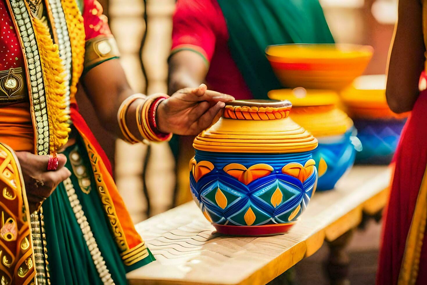 women in colorful saris holding colorful pots. AI-Generated photo