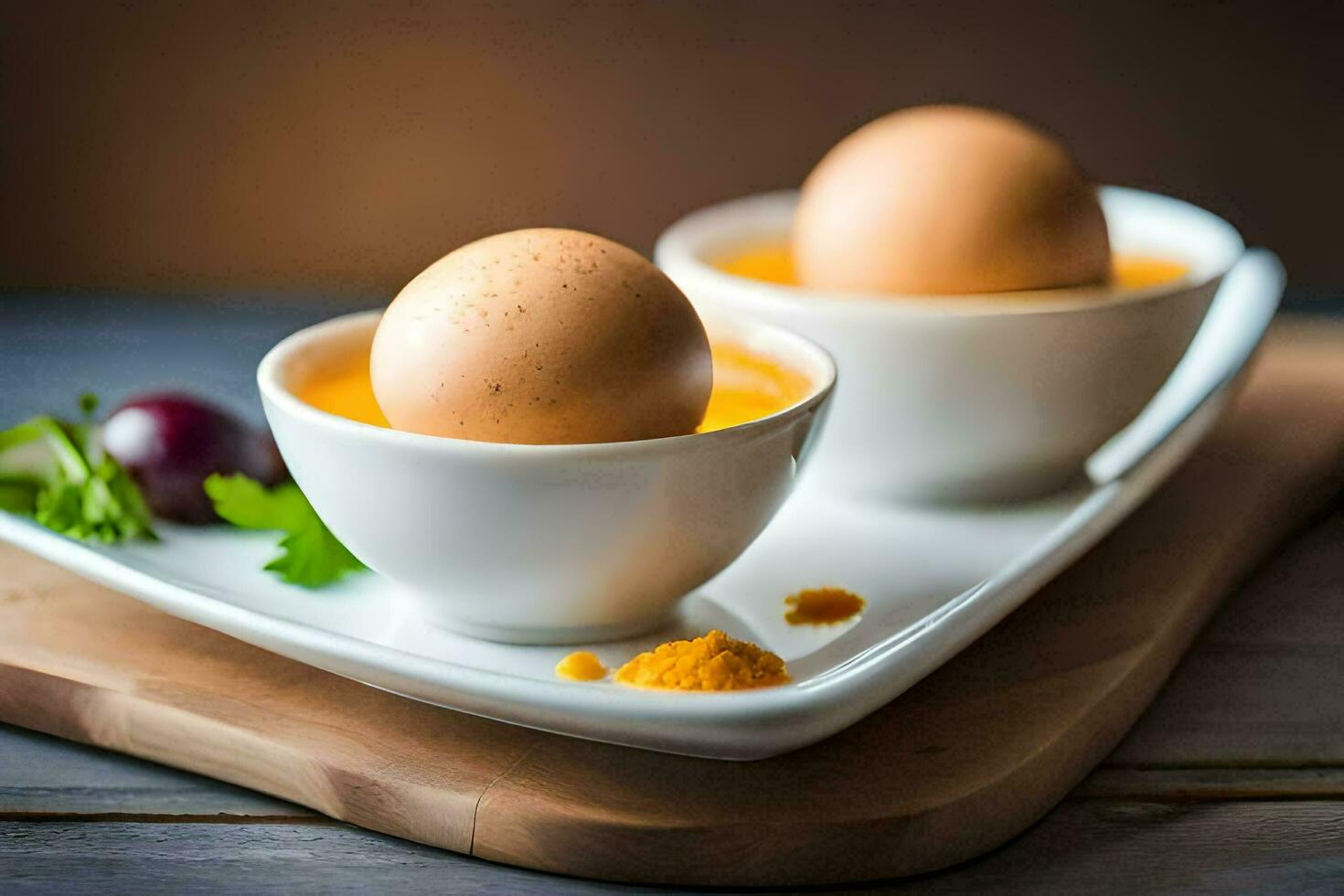 two eggs in bowls with spices and herbs. AI-Generated photo