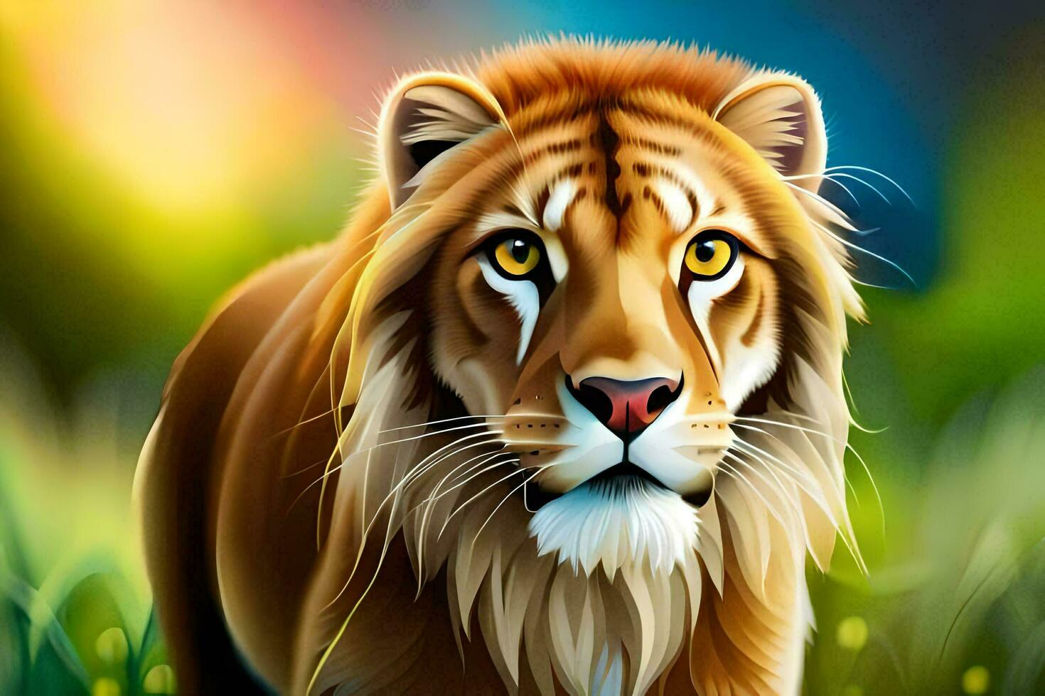 a digital painting of a lion in the grass. AI-Generated photo