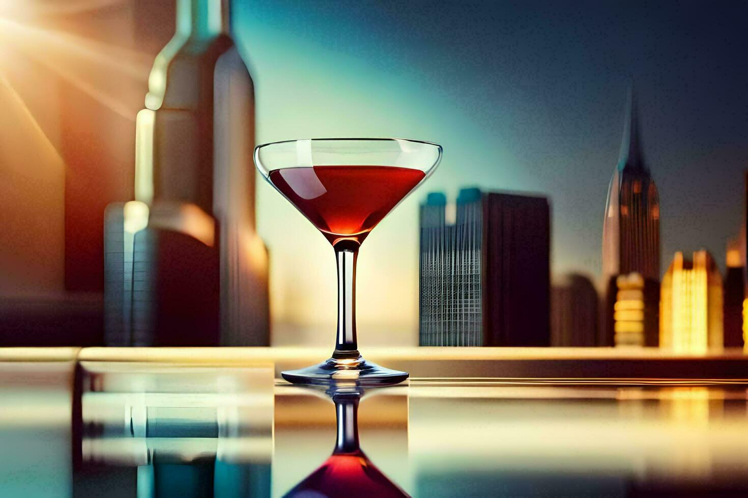 a glass of red wine on a table in front of a city skyline. AI-Generated photo