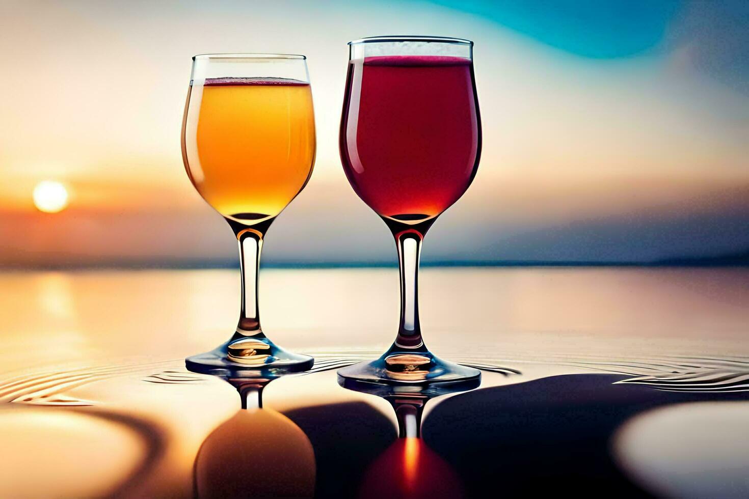 two glasses of wine with a sunset in the background. AI-Generated photo