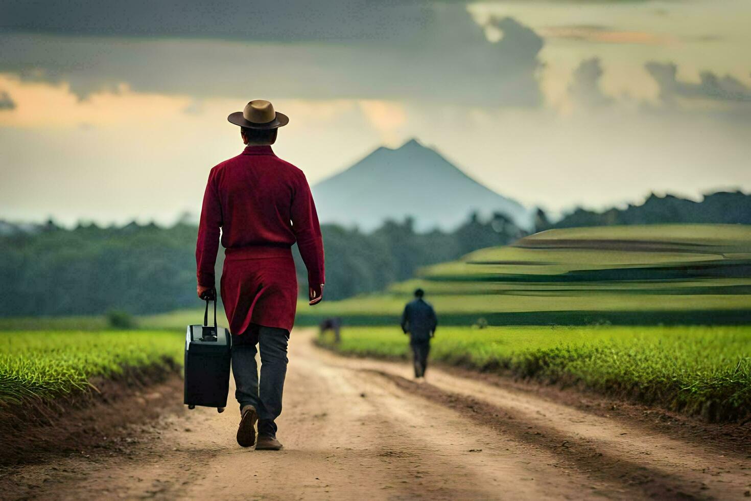 a man in a red coat walks down a dirt road with a suitcase. AI-Generated photo