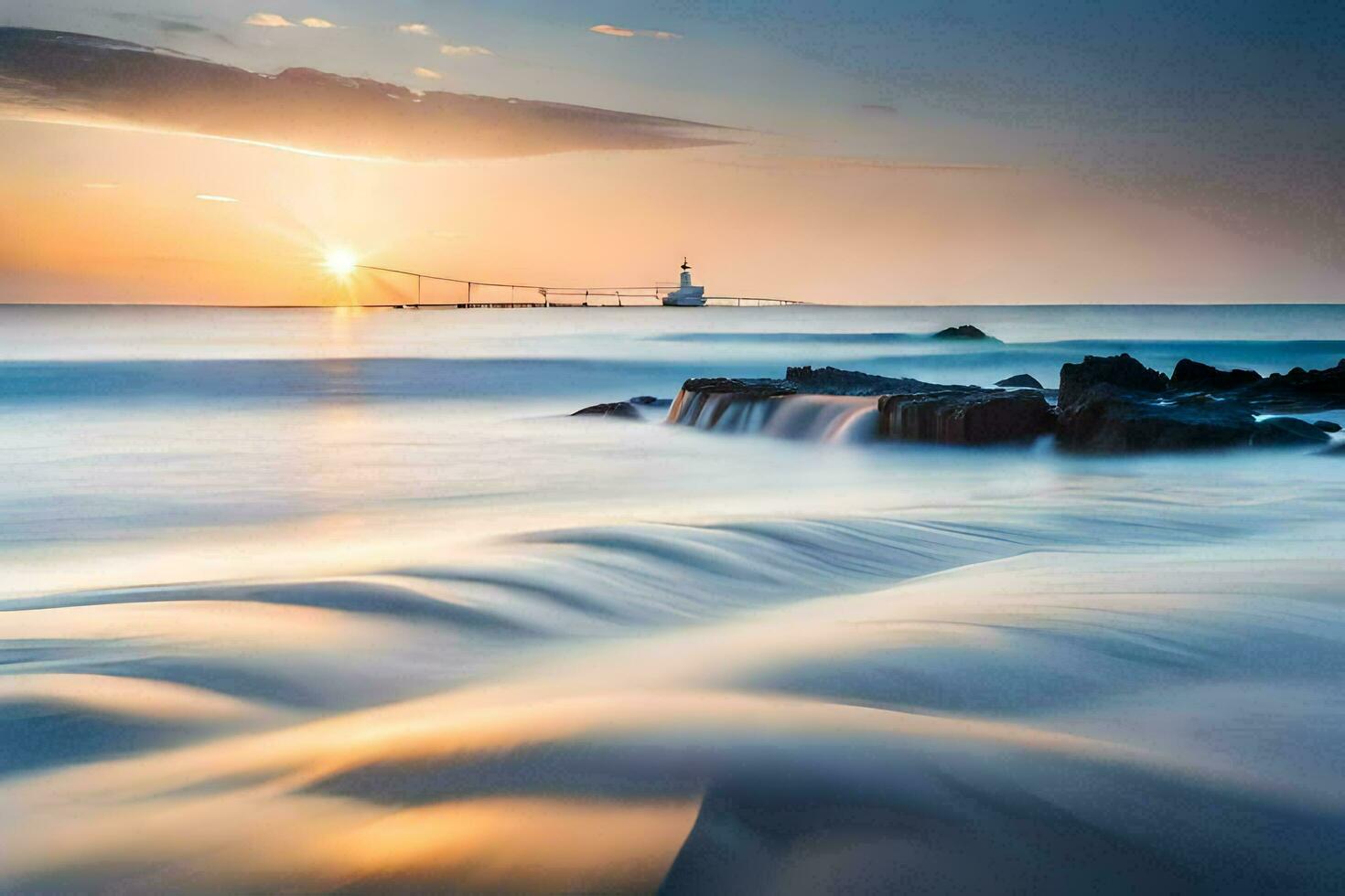 a lighthouse in the distance at sunset. AI-Generated photo
