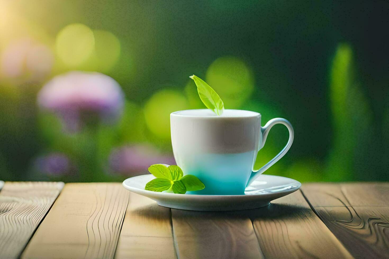 a cup of coffee on a wooden table with a green leaf. AI-Generated photo