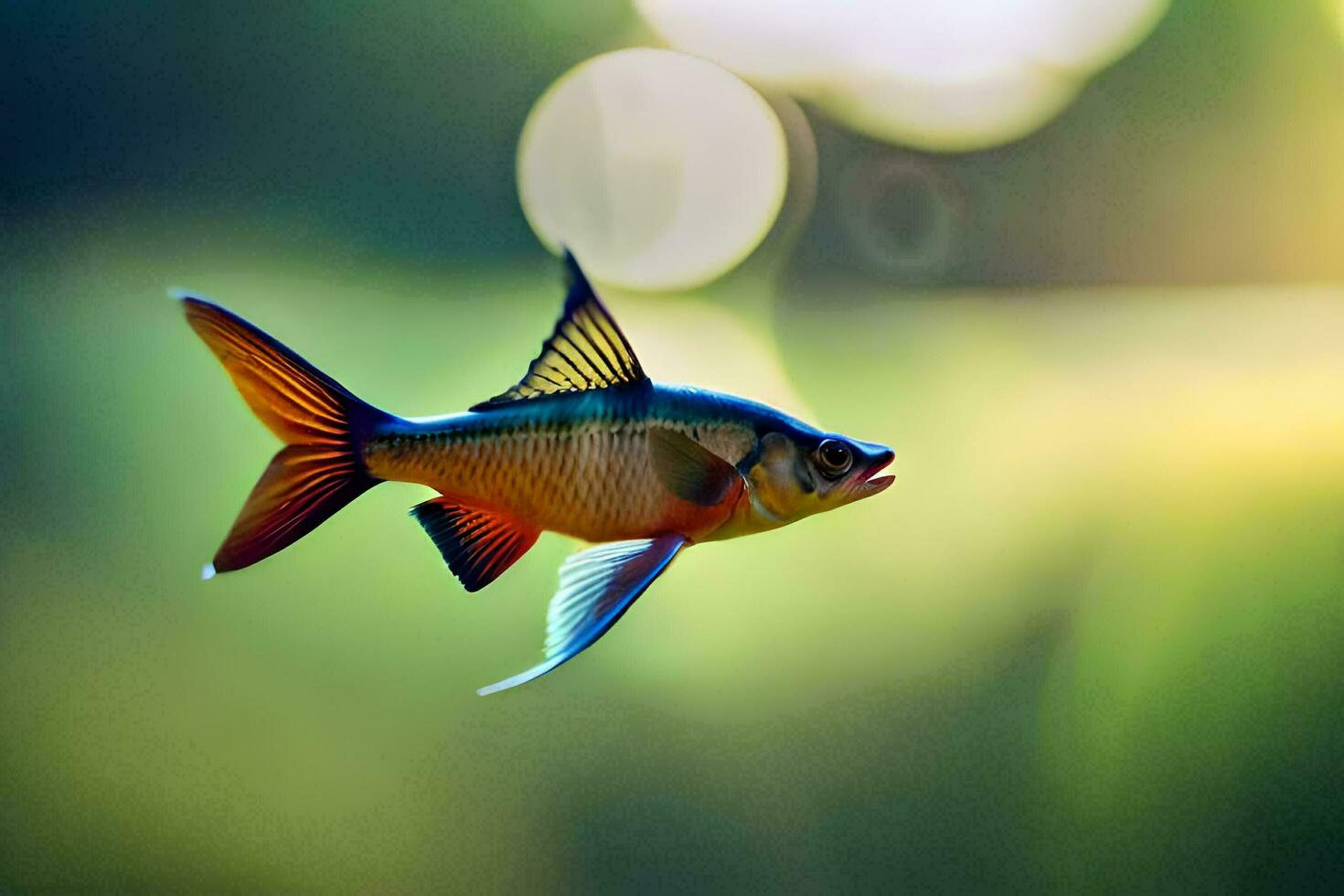 un pescado con brillante colores volador en el aire. generado por ai foto